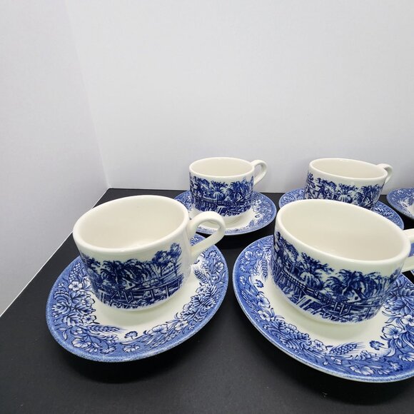 Vtg Churchill Currier and Ives Harvest Heritage Mint Cups & Saucer Set of 6 - Picture 5 of 10